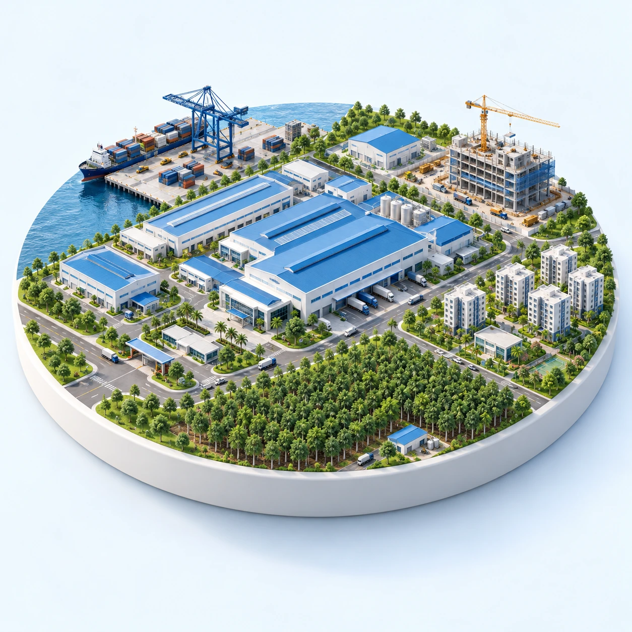 Phối cảnh minh họa hệ sinh thái HZ Group kết nối khu công nghiệp, xây dựng, cảng logistics, cao su và đô thị